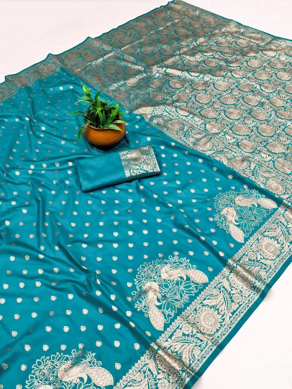 Turquoise_Banarasi_Silk_Silver_Zari_Buti_Saree_For_Women