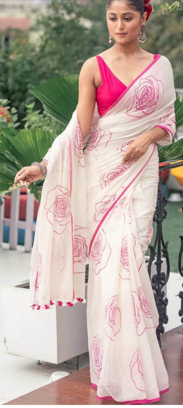 White_&_Magenta_Rose_Line-Art_Linen_Cotton_Saree