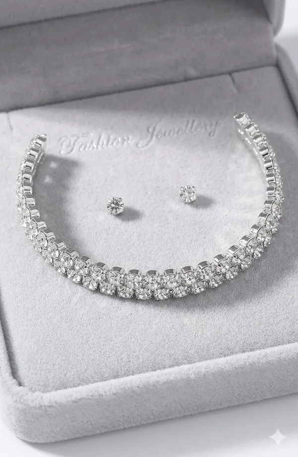 Silver_Crystal_Stone_Double_Row_Necklace_And_Earrings_Set_For_Women
