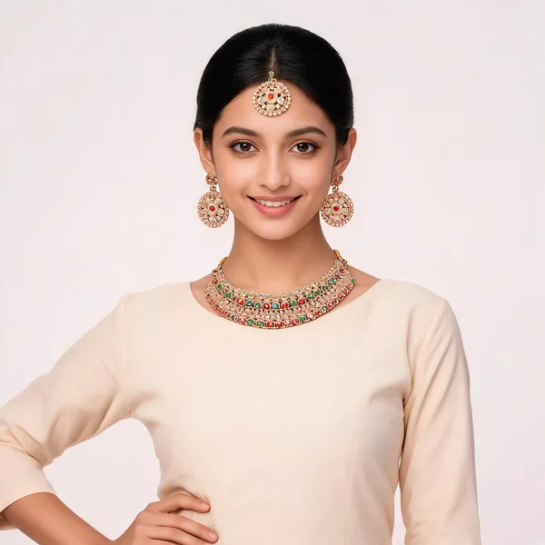 Rose_Gold_Kundan_Multicolor_Gemstone_Necklace_Earrings_Maang_Tikka_Set_For_Women