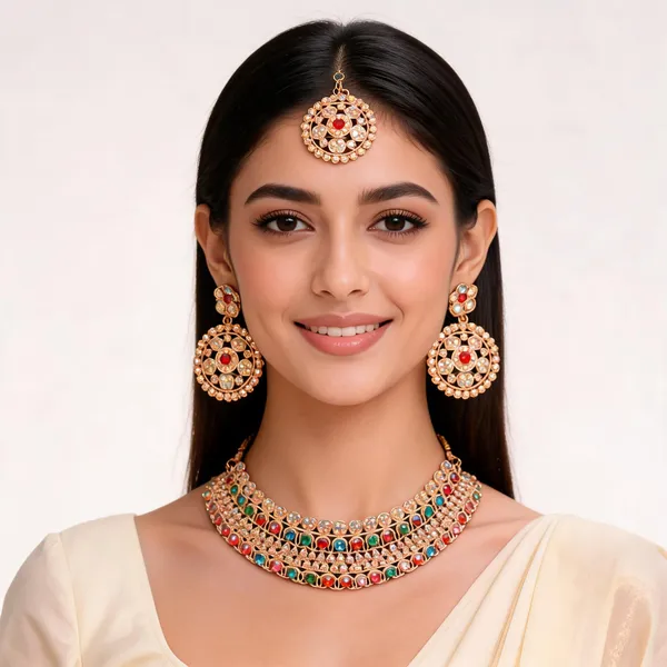 Rose_Gold_Kundan_Multicolor_Gemstone_Necklace_Earrings_Maang_Tikka_Set_For_Women