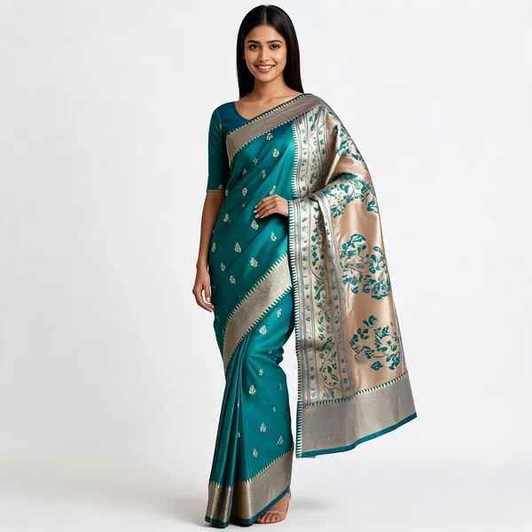 Turquoise_Bomkai_Paithani_Floral_Zari_Weave_Saree_For_Women
