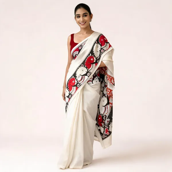 White_Chanderi_Cotton_Kalamkari_Print_Saree_For_Women