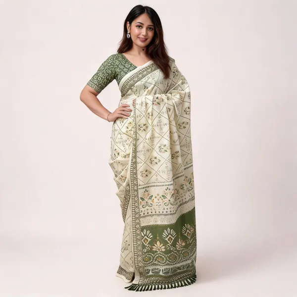Cream_Green_Linen_Cotton_Printed_Saree_For_Women