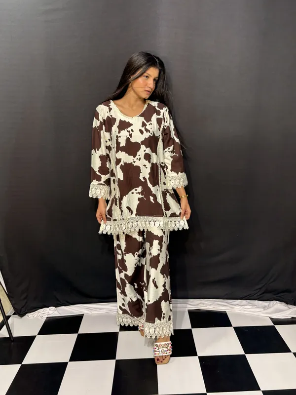 White_Black_Viscose_Rayon_Animal_Print_Lace_Trim_Co_Ords_Set_For_Women
