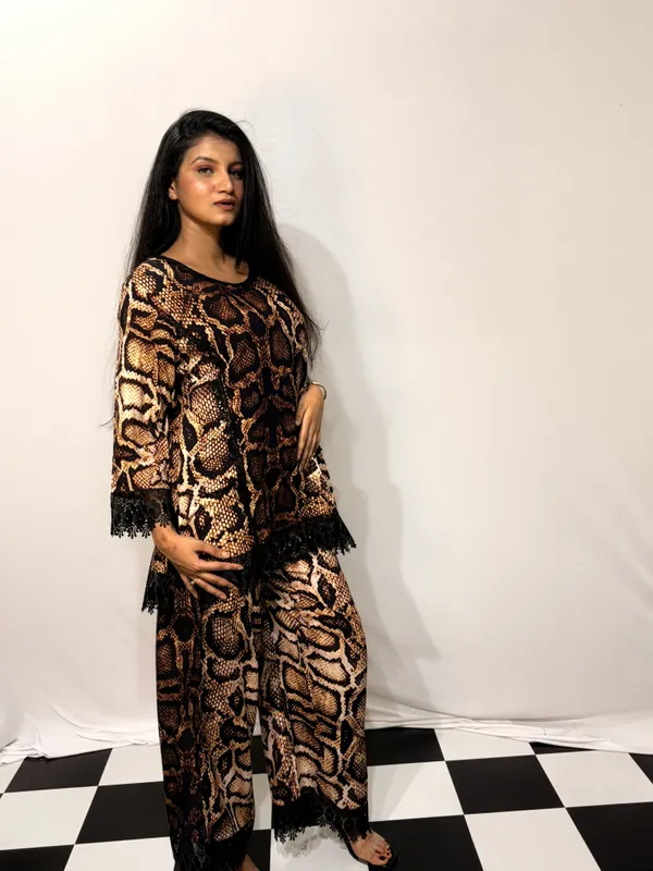 Beige_Black_Viscose_Rayon_Snake_Print_Lace_Trim_Co_Ords_Set_For_Women
