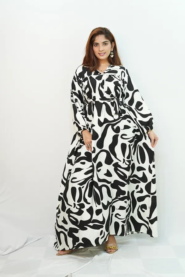 White_Black_Viscose_Rayon_Printed_Gown_For_Women