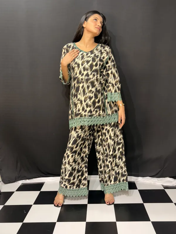 Beige_Black_Viscose_Rayon_Animal_Print_Lace_Trim_Co_Ords_Set_For_Women