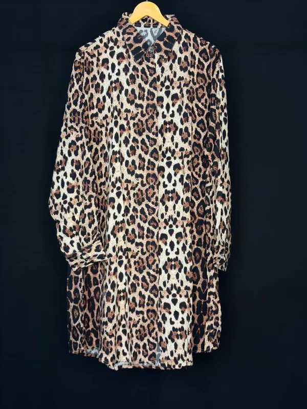 Beige_Black_Viscose_Rayon_Leopard_Print_Long_Shirt_Dress_For_Women