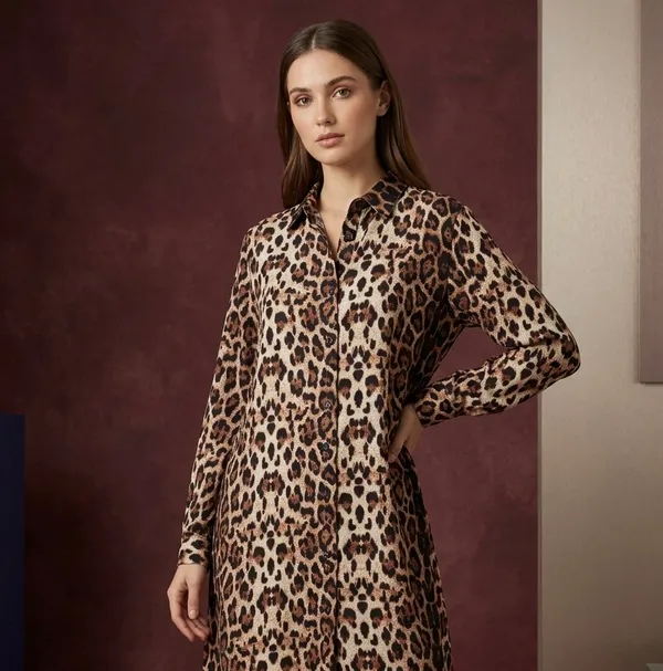 Beige_Black_Viscose_Rayon_Leopard_Print_Long_Shirt_Dress_For_Women