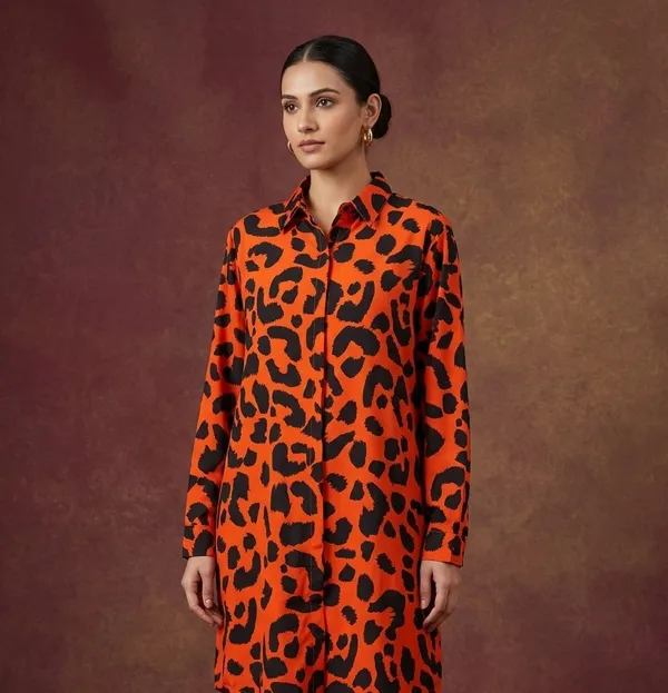 Orange_Black_Viscose_Rayon_Longline_Printed_Shirt_Dress_For_Women