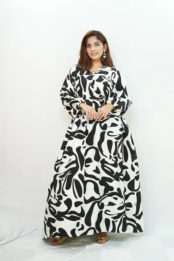 White_Black_Viscose_Rayon_Printed_Gown_For_Women