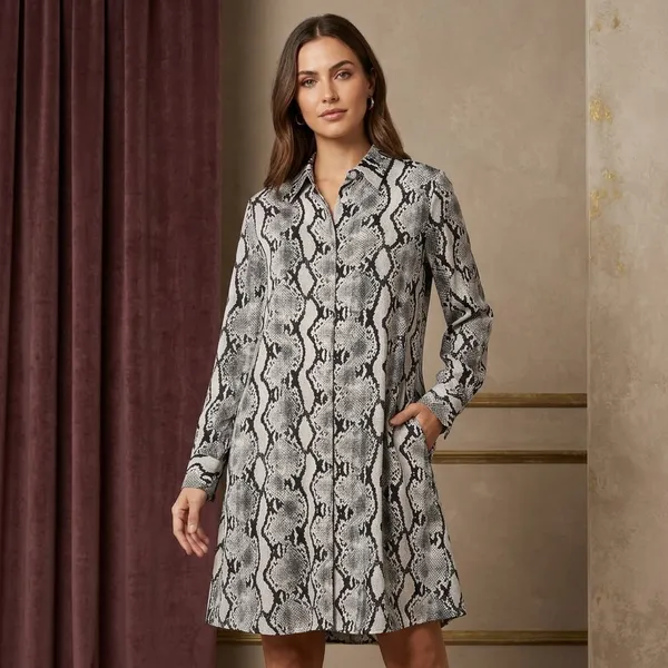 Black_White_Viscose_Rayon_Snake_Print_Long_Shirt_Dress_For_Women