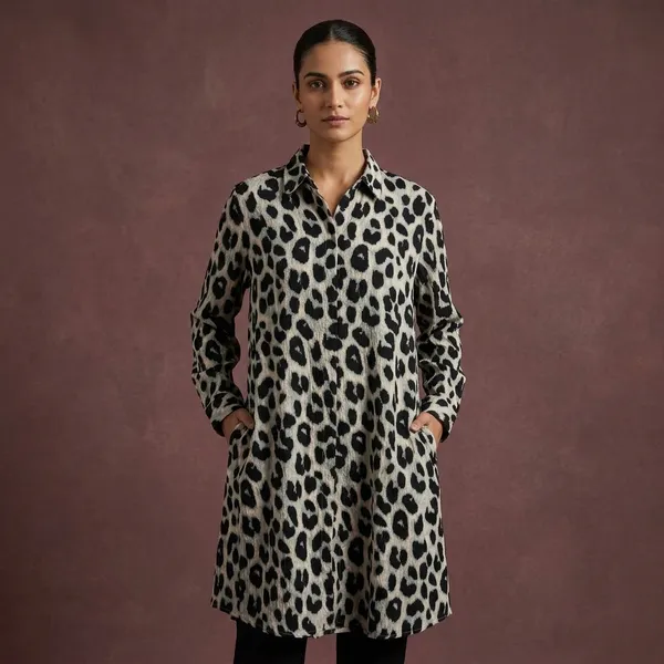 Black_White_Viscose_Rayon_Animal_Print_Long_Shirt_For_Women