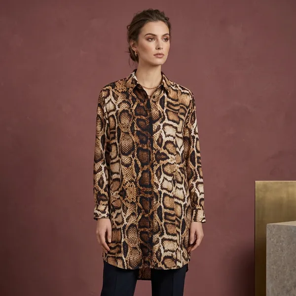 Beige_Black_Viscose_Rayon_Snake_Print_Long_Shirt_For_Women
