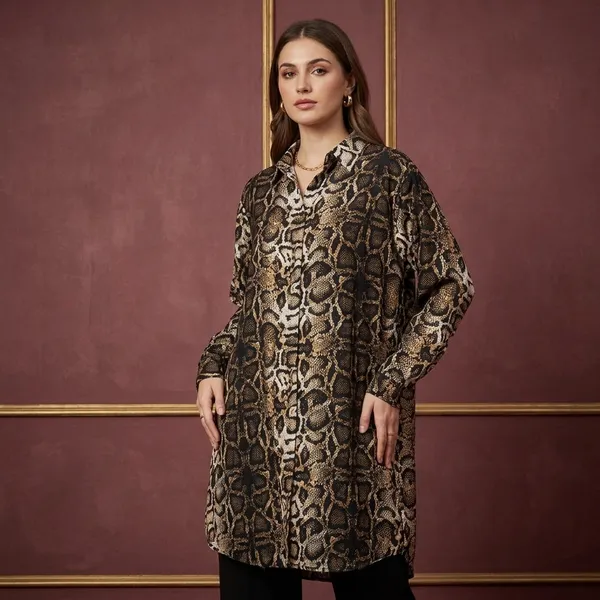 Black_Beige_Viscose_Rayon_Snake_Print_Long_Shirt_For_Women