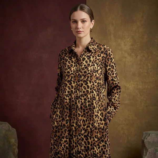 Yellow_Black_Viscose_Rayon_Leopard_Print_Long_Shirt_Dress_For_Women