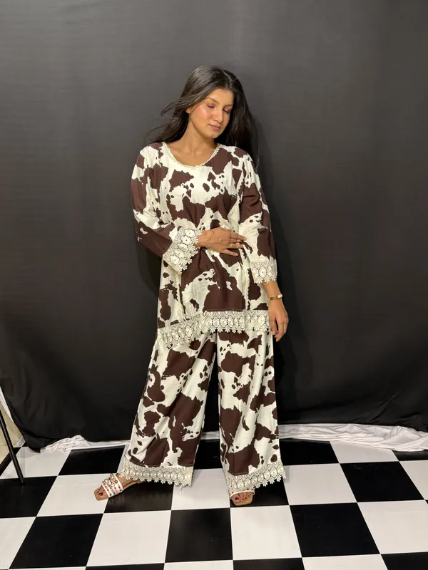 White_Black_Viscose_Rayon_Animal_Print_Lace_Trim_Co_Ords_Set_For_Women