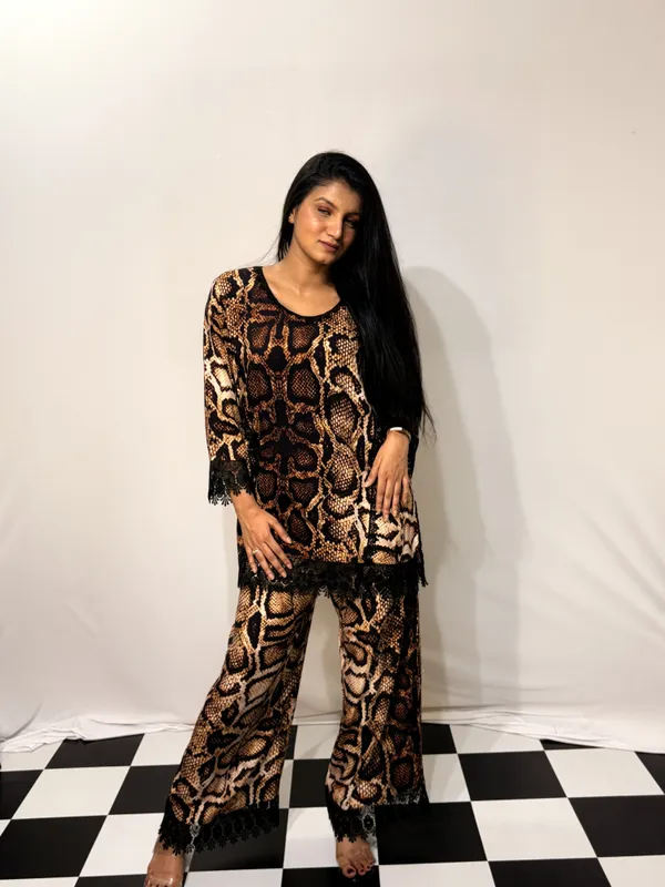 Beige_Black_Viscose_Rayon_Snake_Print_Lace_Trim_Co_Ords_Set_For_Women
