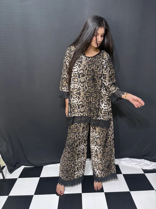 Brown_Black_Viscose_Rayon_Snake_Print_Lace_Trim_Co_Ords_Set_For_Women