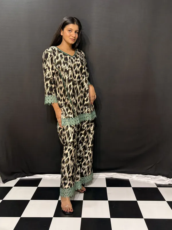 Beige_Black_Viscose_Rayon_Animal_Print_Lace_Trim_Co_Ords_Set_For_Women