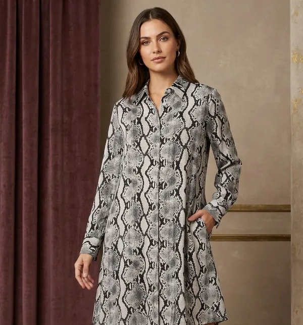 Black_White_Viscose_Rayon_Snake_Print_Long_Shirt_Dress_For_Women