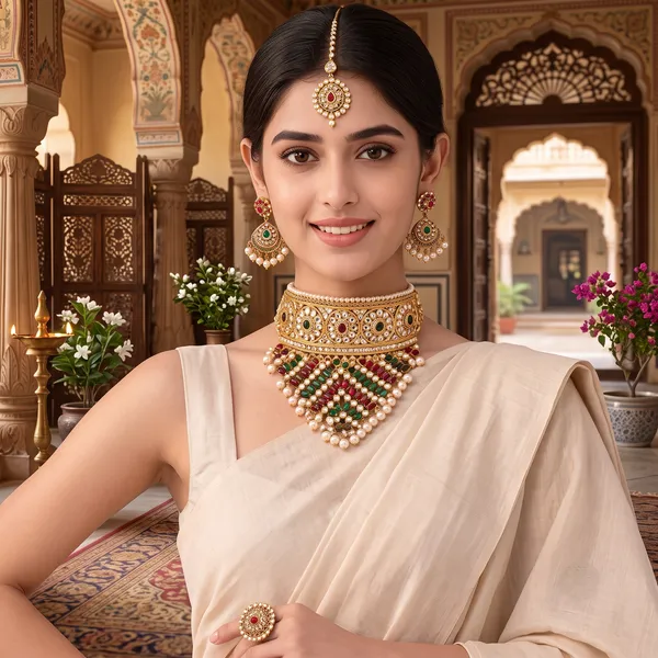 Gold_Brass_Kundan_Multicolor_Stone_Choker_Necklace_Set_For_Women