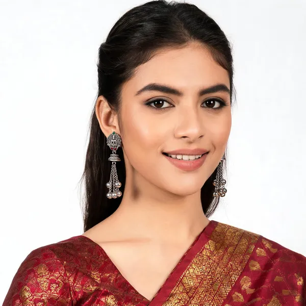 Silver_Alloy_Oxidized_Goddess_Motif_Jhumka_Chain_Tassel_Earrings_For_Women