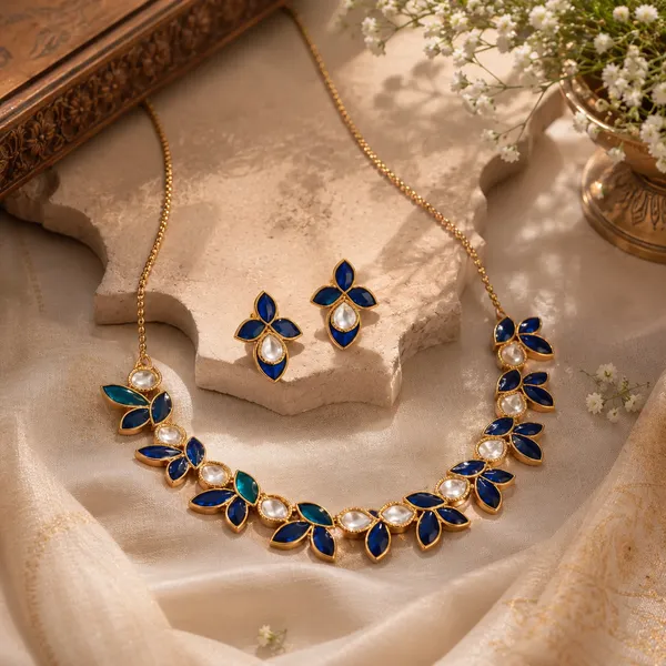 Blue_And_Gold_Brass_Enamel_Leaf_Necklace_Set_For_Women
