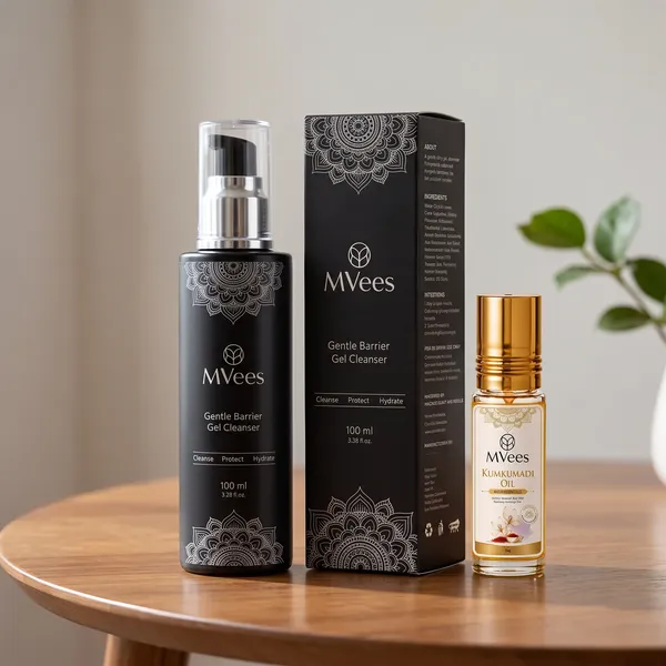 Mvees_Ceramide_Hyaluronic_Acid_Gentle_Barrier_Gel_Cleanser_And_Kumkumadi_Saffron_Radiance_Face_Elixir_Oil