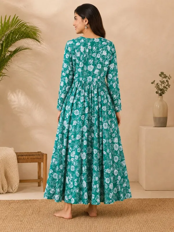 Teal_Rayon_Flared_Floral_Print_Anarkali_Kurta_For_Women