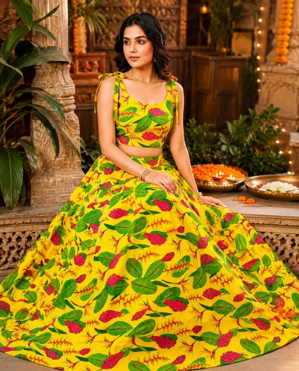 Yellow_Polycotton_Printed_Flared_Lehenga_Choli_For_Women