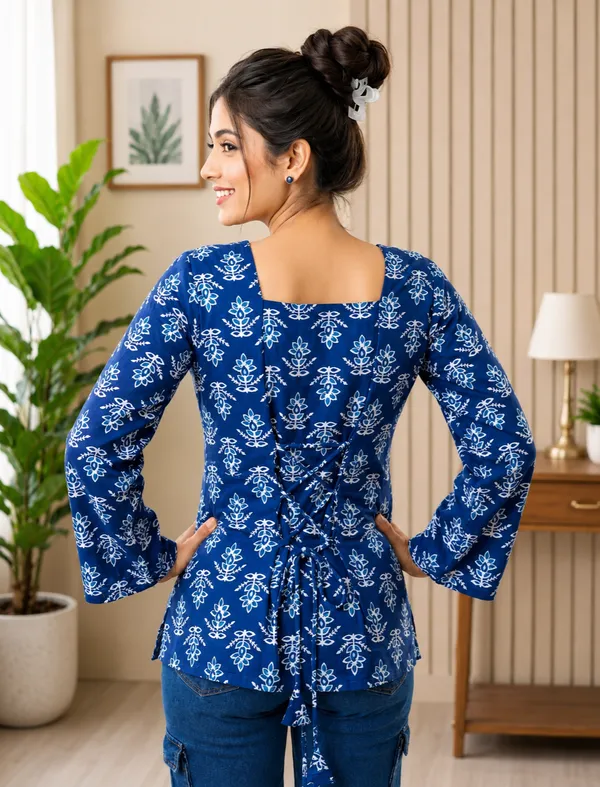 Blue_Rayon_Relaxed_Fit_Floral_Print_Tie-Up_Sleeve_Kurti_For_Women