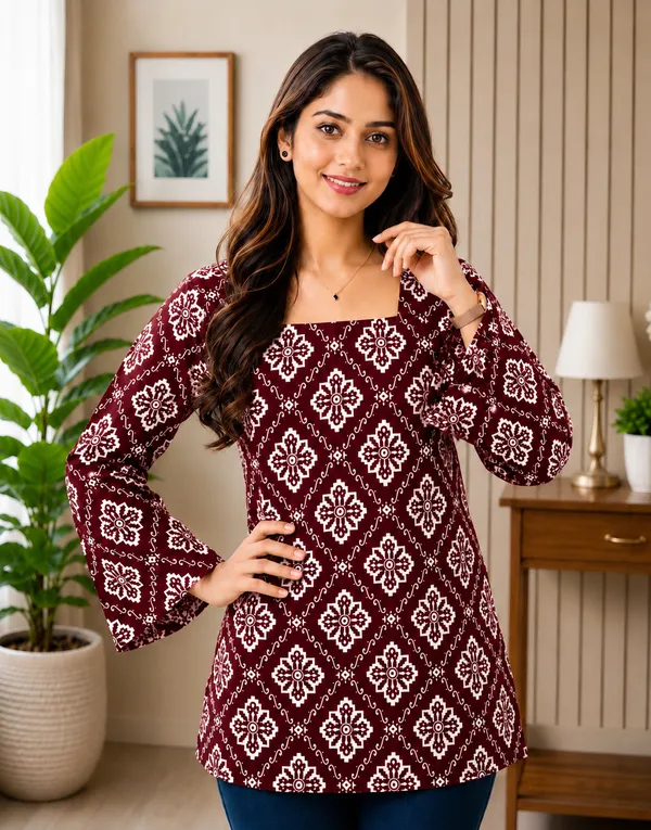 Maroon_Rayon_Floral_Print_Regular_Fit_Tunic_Kurti_For_Women