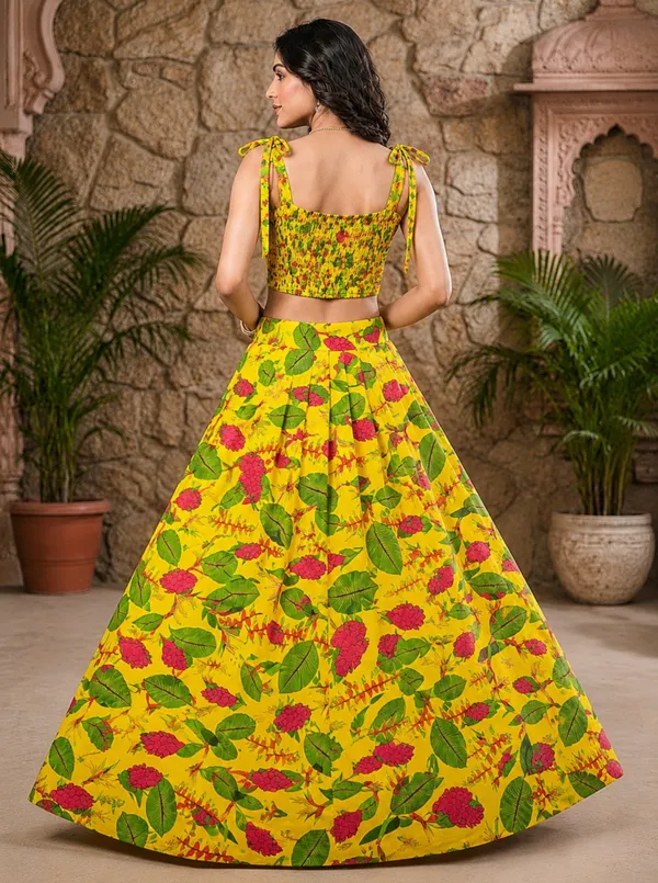 Yellow_Polycotton_Printed_Flared_Lehenga_Choli_For_Women