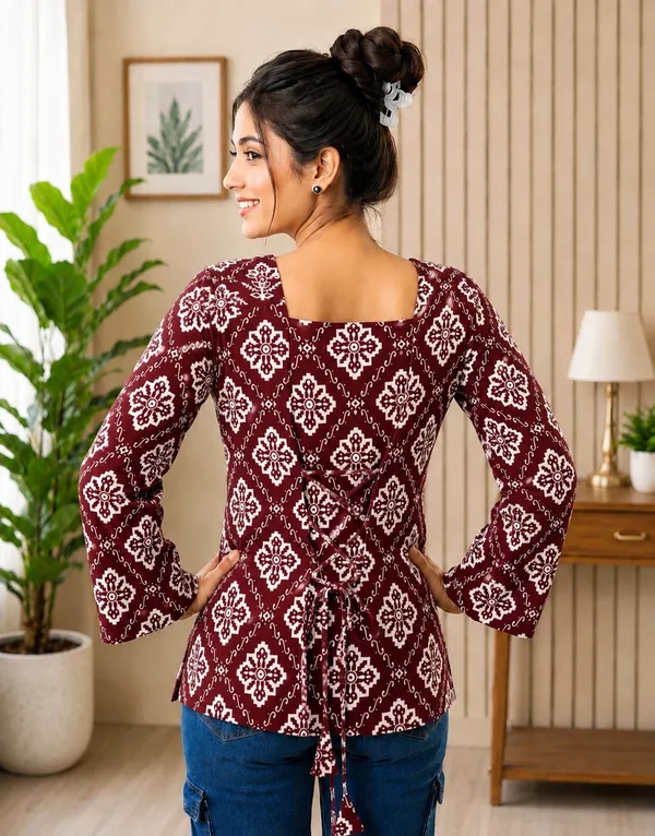 Maroon_Rayon_Floral_Print_Regular_Fit_Tunic_Kurti_For_Women