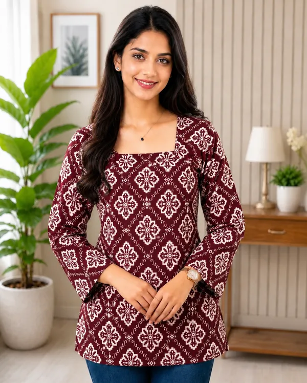 Maroon_Rayon_Floral_Print_Regular_Fit_Tunic_Kurti_For_Women