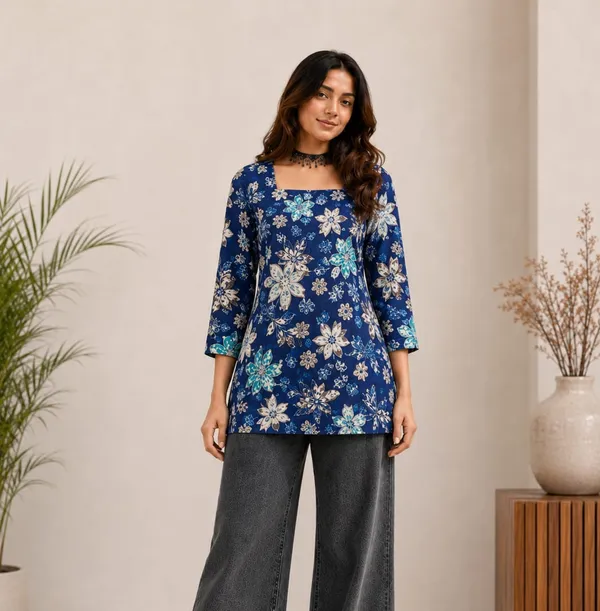 Blue_Vartican_Relaxed_Fit_Floral_Print_Short_Kurti_For_Women