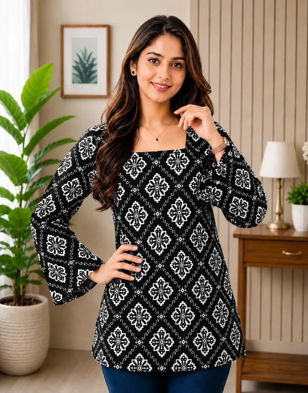 Black_Rayon_Geometric_Print_Regular_Fit_Short_Kurti_For_Women