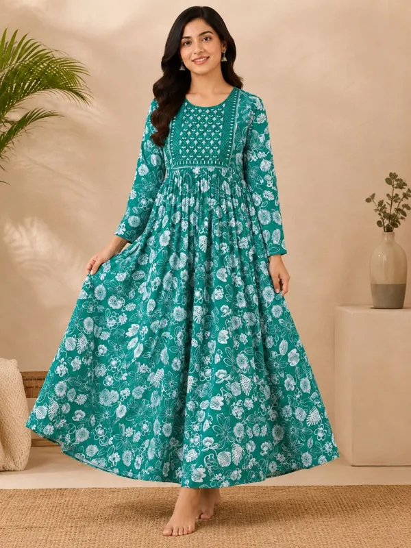 Teal_Rayon_Flared_Floral_Print_Anarkali_Kurta_For_Women
