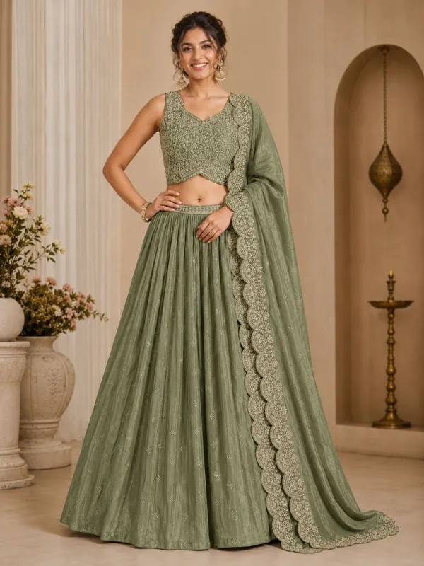 Green_Chinon_Polyester_Embroidered_Flared_Lehenga_Choli_For_Women