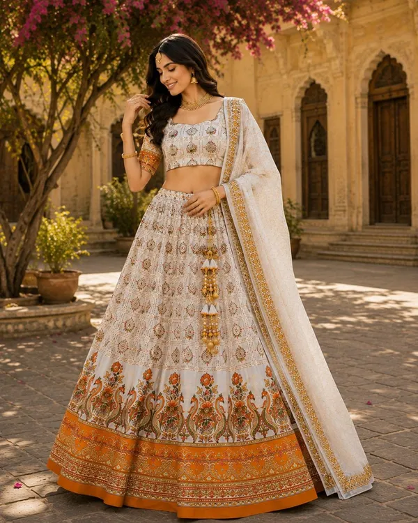 Ivory_Rayon_Printed_Flared_Lehenga_Choli_Set_For_Women
