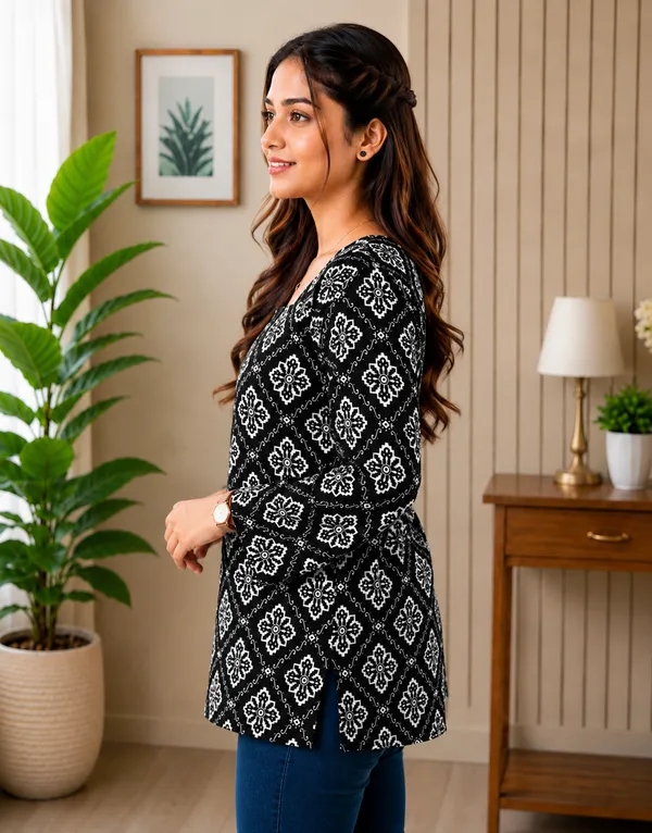 Black_Rayon_Geometric_Print_Regular_Fit_Short_Kurti_For_Women