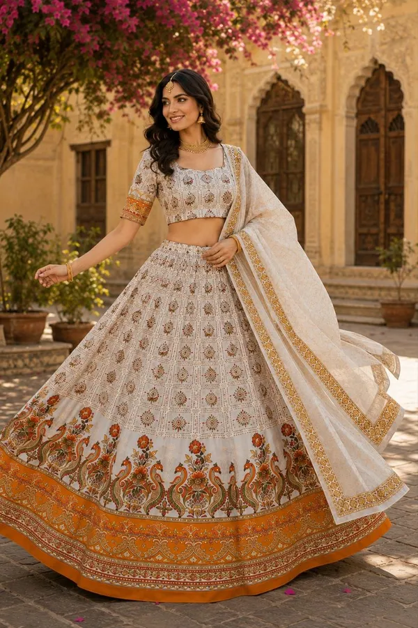 Ivory_Rayon_Printed_Flared_Lehenga_Choli_Set_For_Women