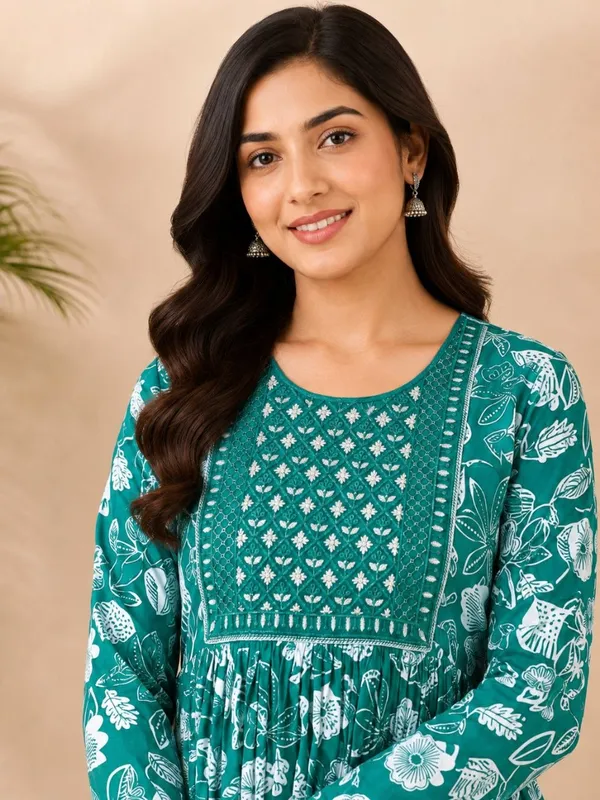 Teal_Rayon_Flared_Floral_Print_Anarkali_Kurta_For_Women