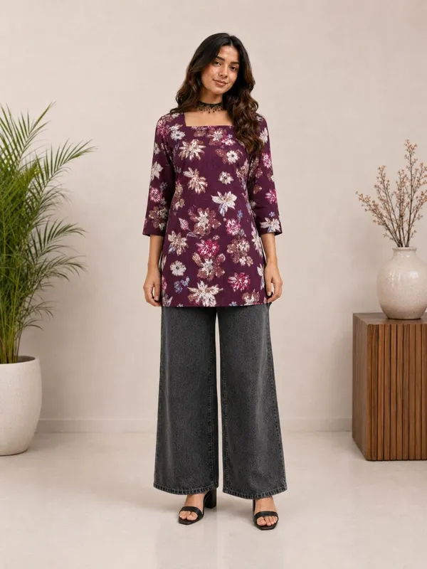Maroon_Vartican_Straight_Floral_Print_Short_Kurti_For_Women