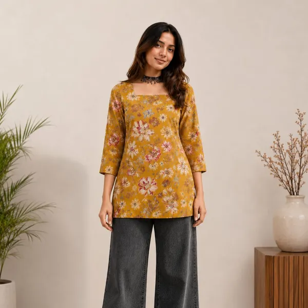 Mustard_Vartican_Straight_Floral_Print_Short_Kurti_For_Women