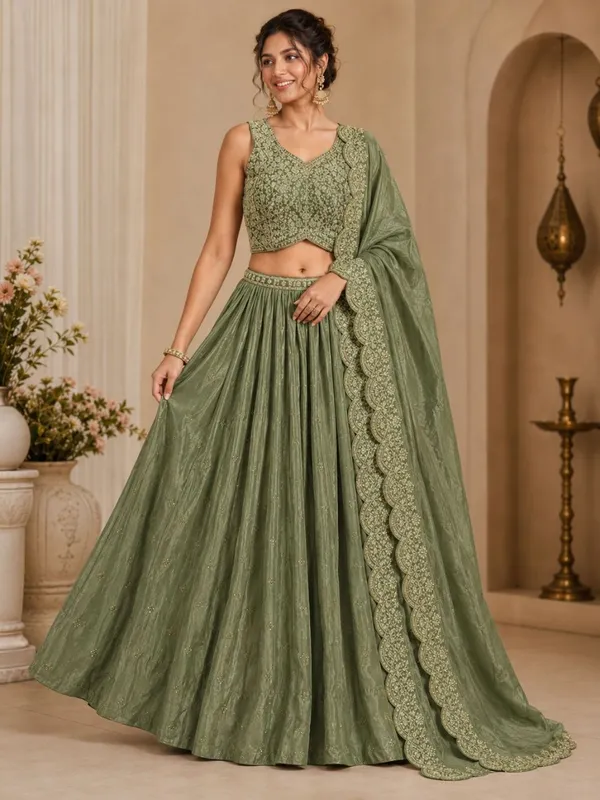 Green_Chinon_Polyester_Embroidered_Flared_Lehenga_Choli_For_Women