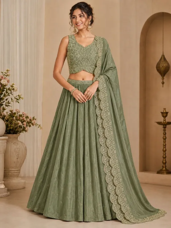 Green_Chinon_Polyester_Embroidered_Flared_Lehenga_Choli_For_Women