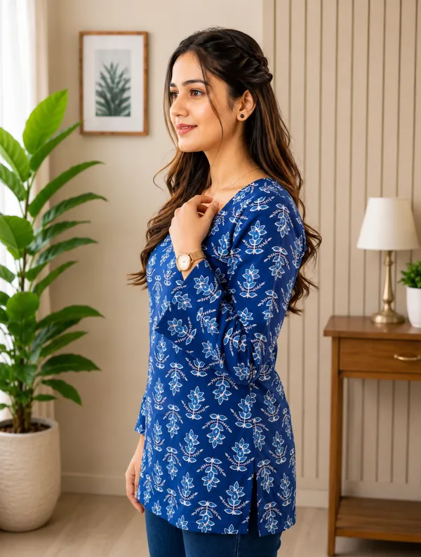 Blue_Rayon_Relaxed_Fit_Floral_Print_Tie-Up_Sleeve_Kurti_For_Women
